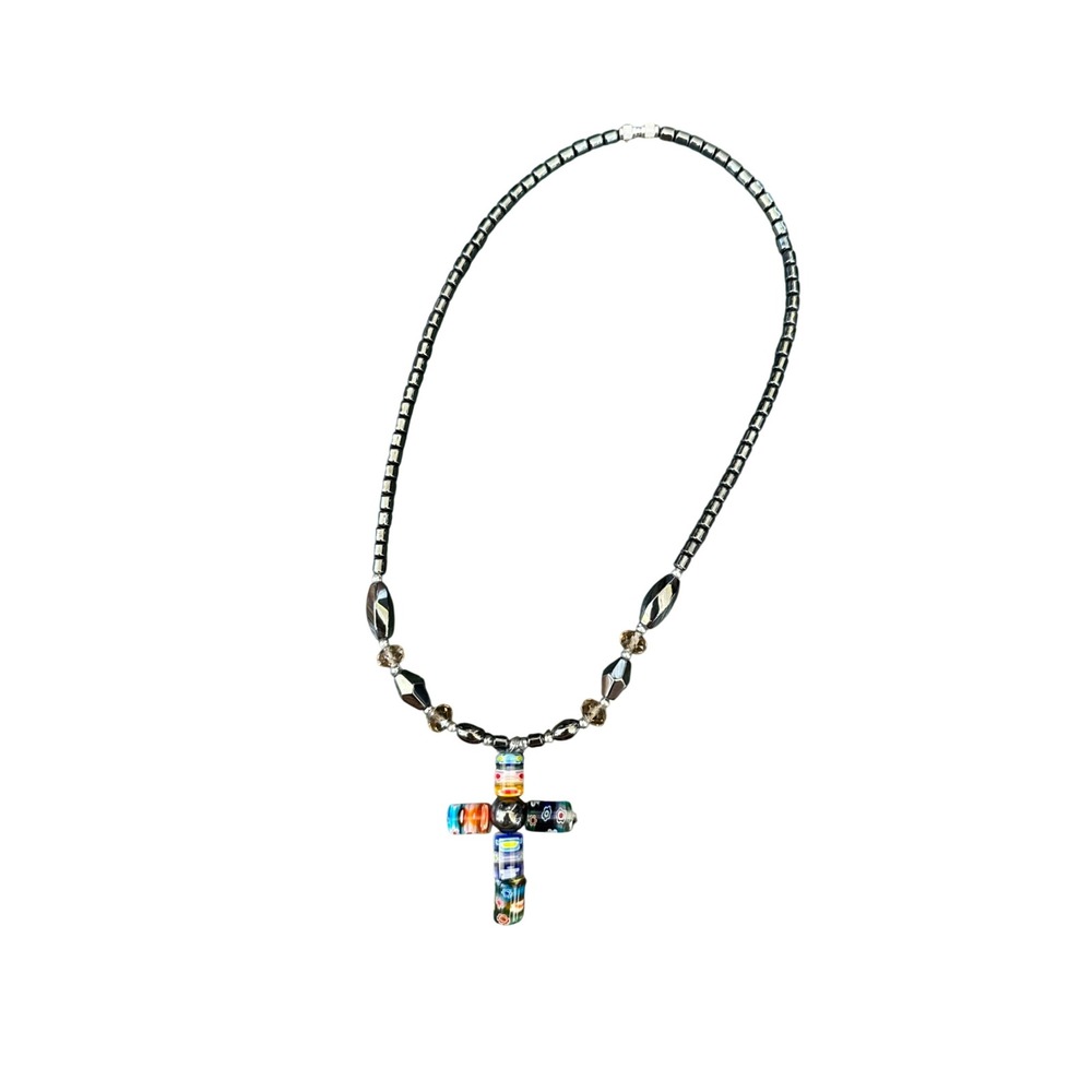 Millefiori Art Glass Cross Pendant Hematite Bead Necklace 19 Inch A4240